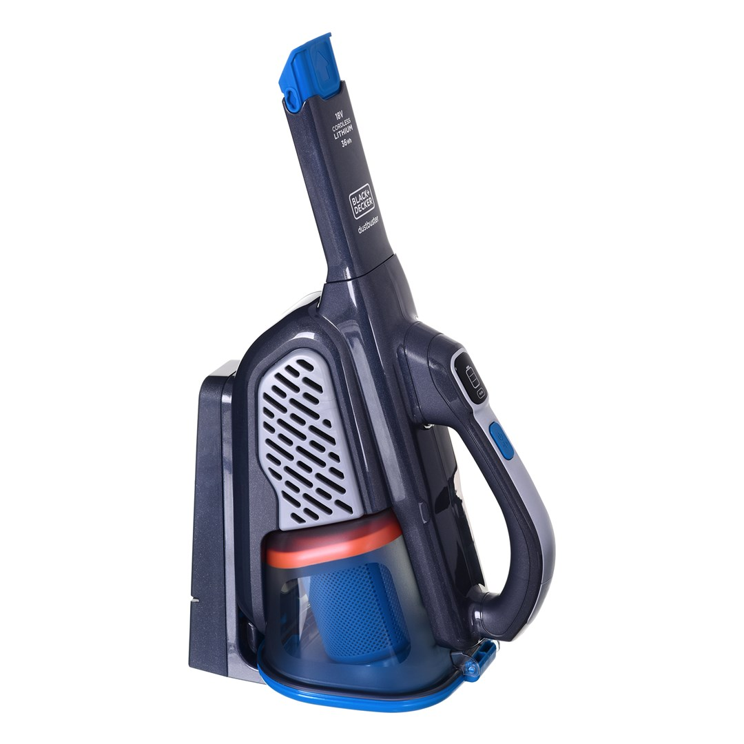 Ein handgehaltener Black+Decker Dustbuster-Staubsauger. Er ist überwiegend dunkelgrau mit blauen und orangenen Akzenten. Das Design ist modern und ergonomisch.