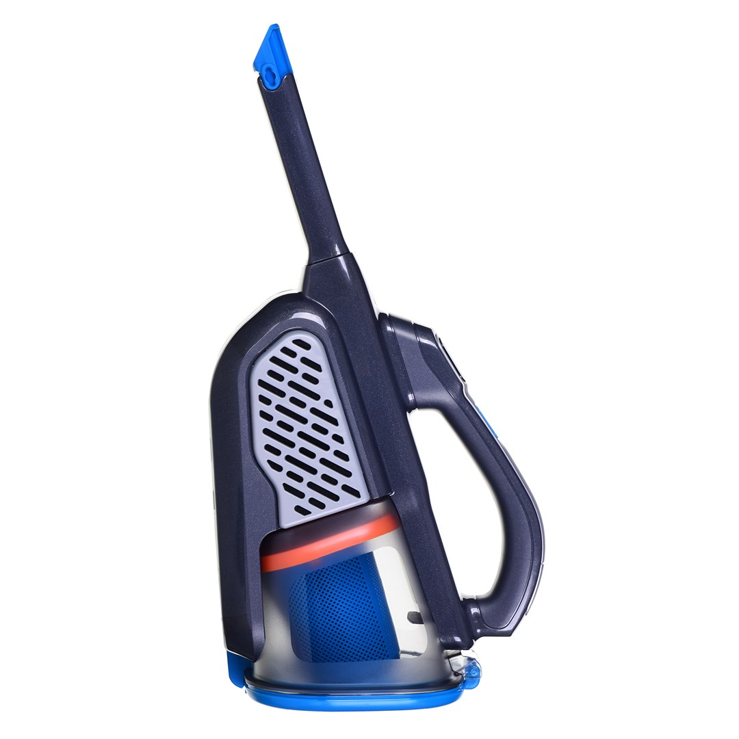 Ein Handstaubsauger. Er ist dunkelgrau mit blauen und orangen Akzenten. Das Design umfasst einen Filter und einen Griff.