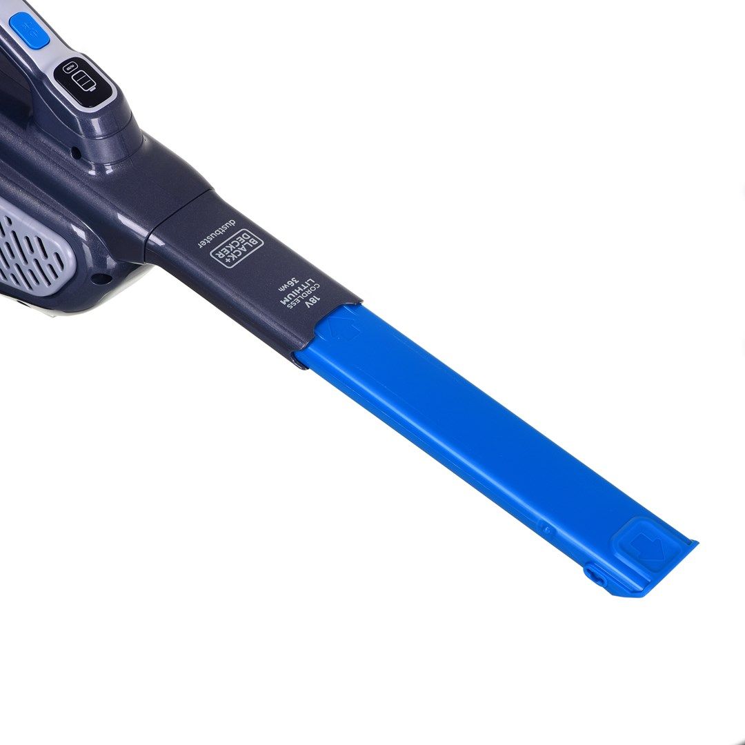 Ein Handstaubsauger. Er hat eine blaue Düse und einen dunkelgrauen Körper. Der Markenname ist sichtbar.