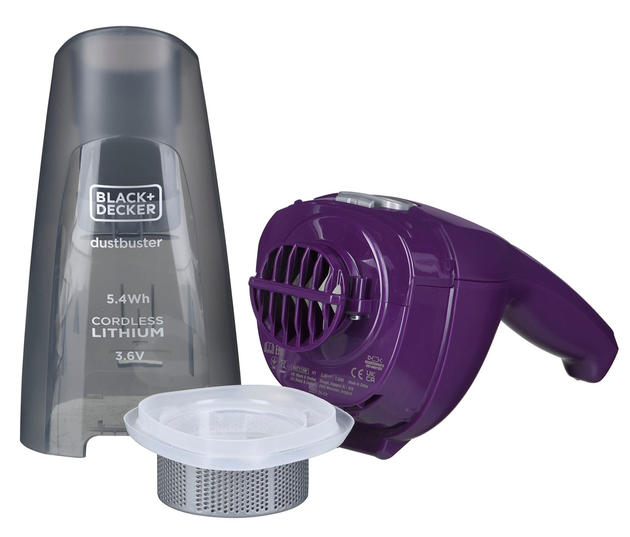 Zdemontowany odkurzacz Black+Decker dustbuster. Części to fioletowy korpus, szary pojemnik na kurz, filtr i przezroczysta pokrywa.