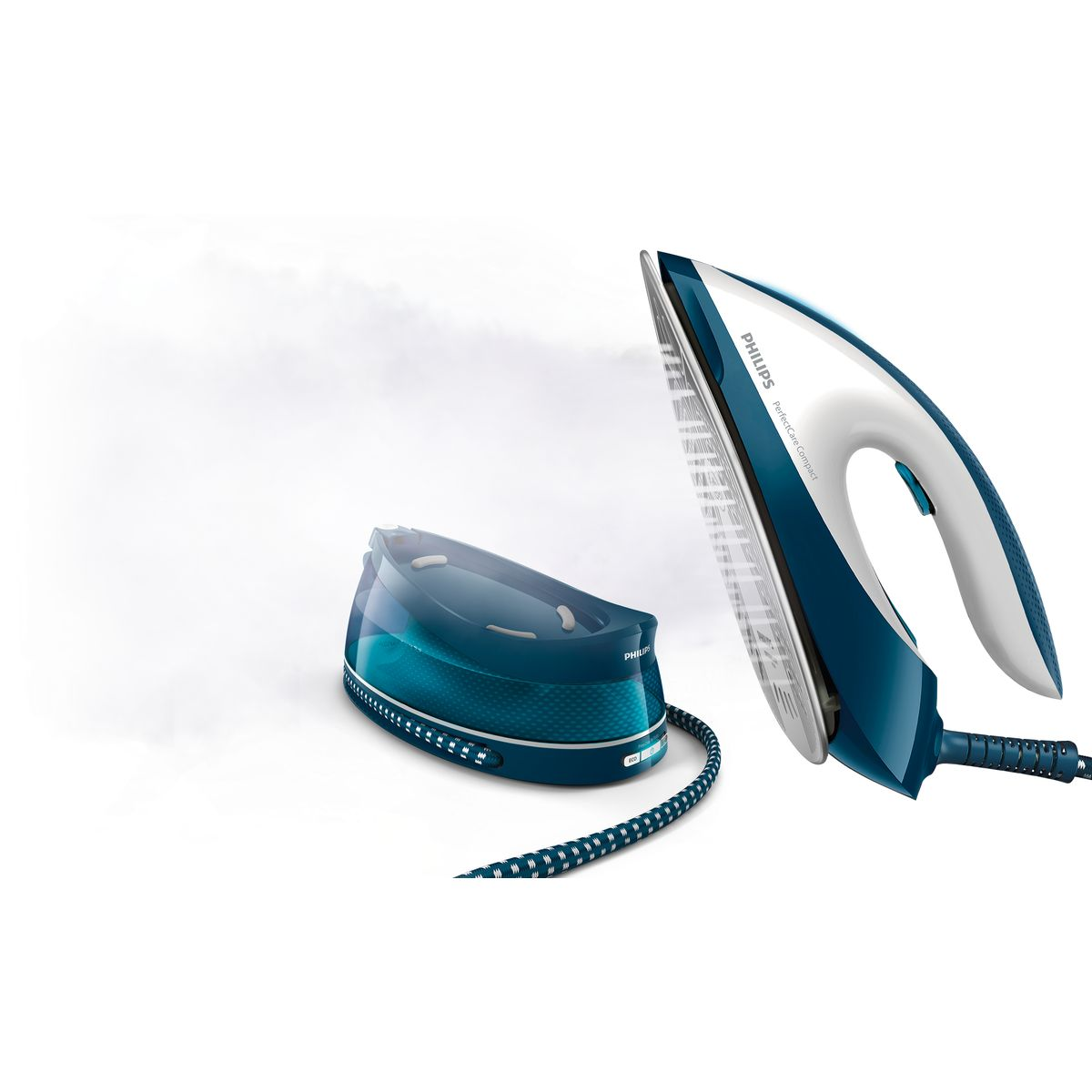 Una plancha Philips PerfectCare Compact y su base, azul y blanca, sobre fondo blanco. La plancha está inclinada.