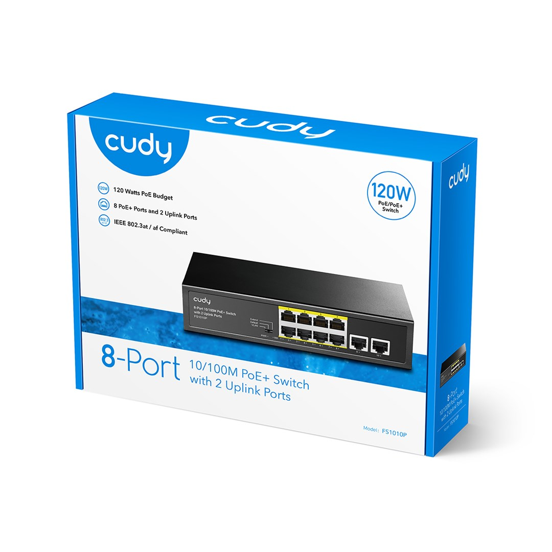 Una scatola di switch PoE+ a 8 porte Cudy. La scatola è blu e bianca con dettagli sul prodotto. Lo switch è nero con porte gialle.