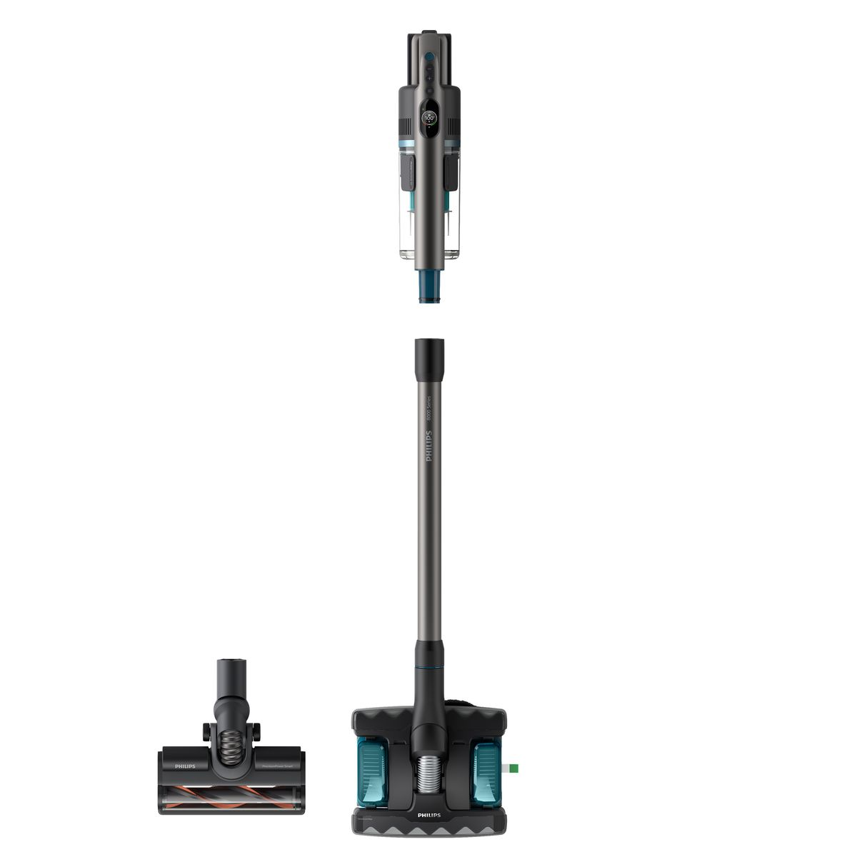Widok rozłożony odkurzacza bezprzewodowego Philips. Części: korpus główny, przedłużka, głowica szczotki i jednostka ręczna.