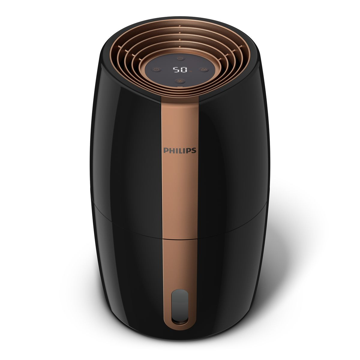 Un umidificatore Philips nero e bronzo. Ha un display digitale che mostra '50'. La parte superiore ha un design a ventaglio.