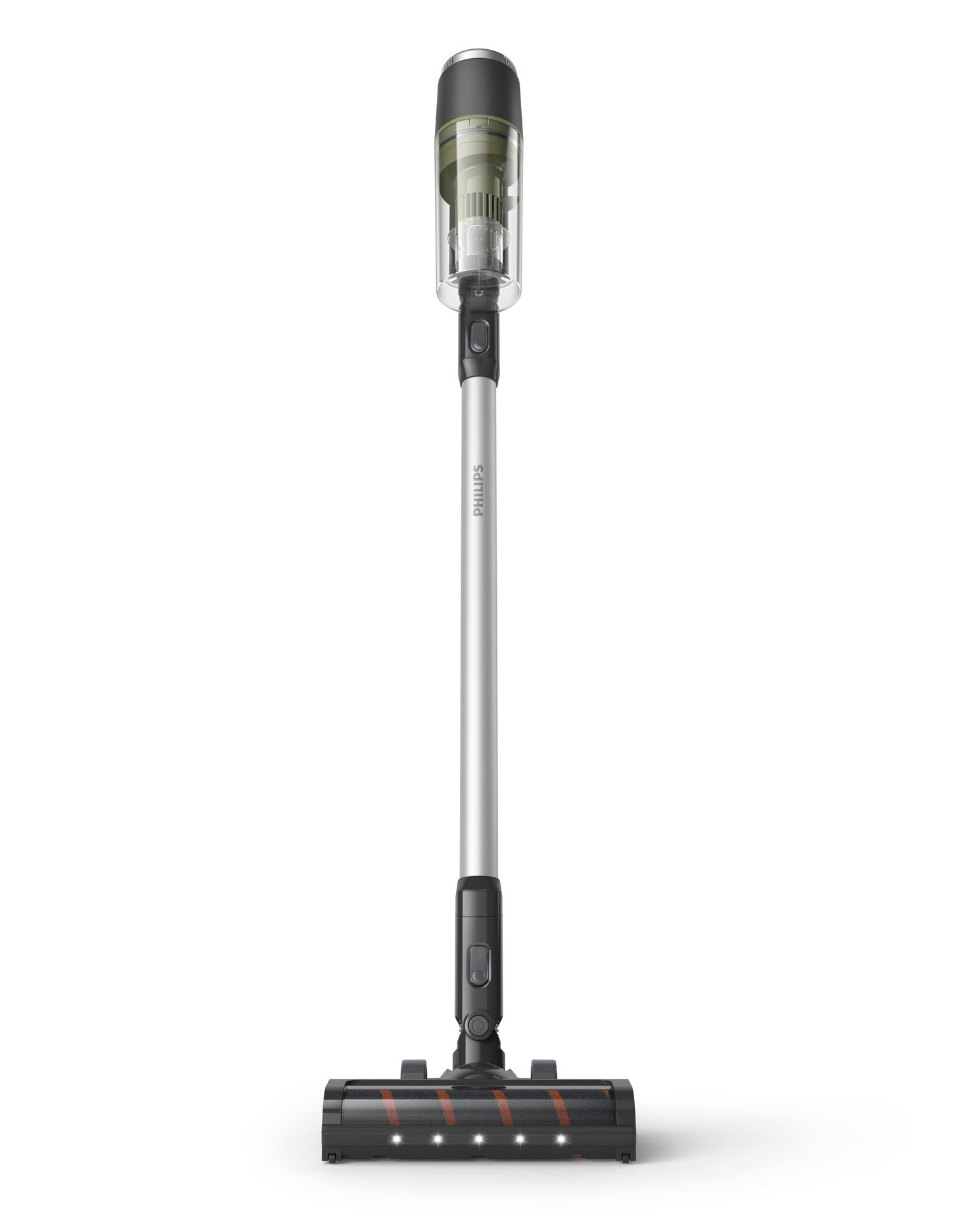 Una aspiradora inalámbrica Philips, vertical, sobre un fondo blanco. Tiene un diseño en negro y plata. La cabeza tiene detalles naranjas.