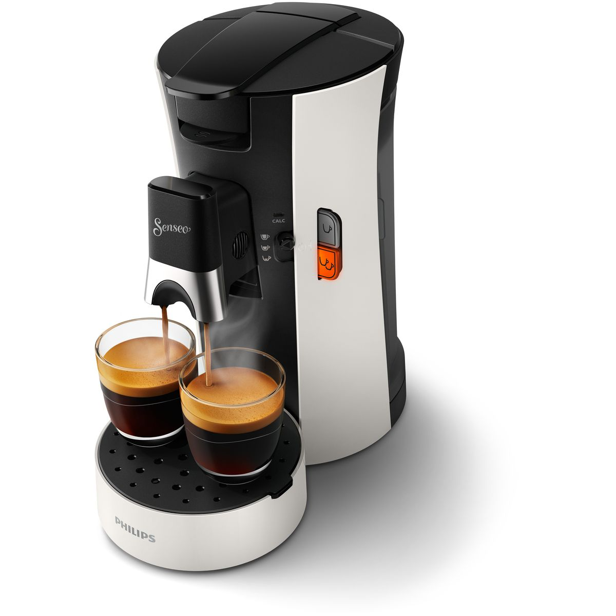 Eine weiß-schwarze Senseo-Kaffeemaschine, die Kaffee in zwei Gläser ausgibt. Die Maschine hat einen weißen Sockel und einen schwarzen Deckel.