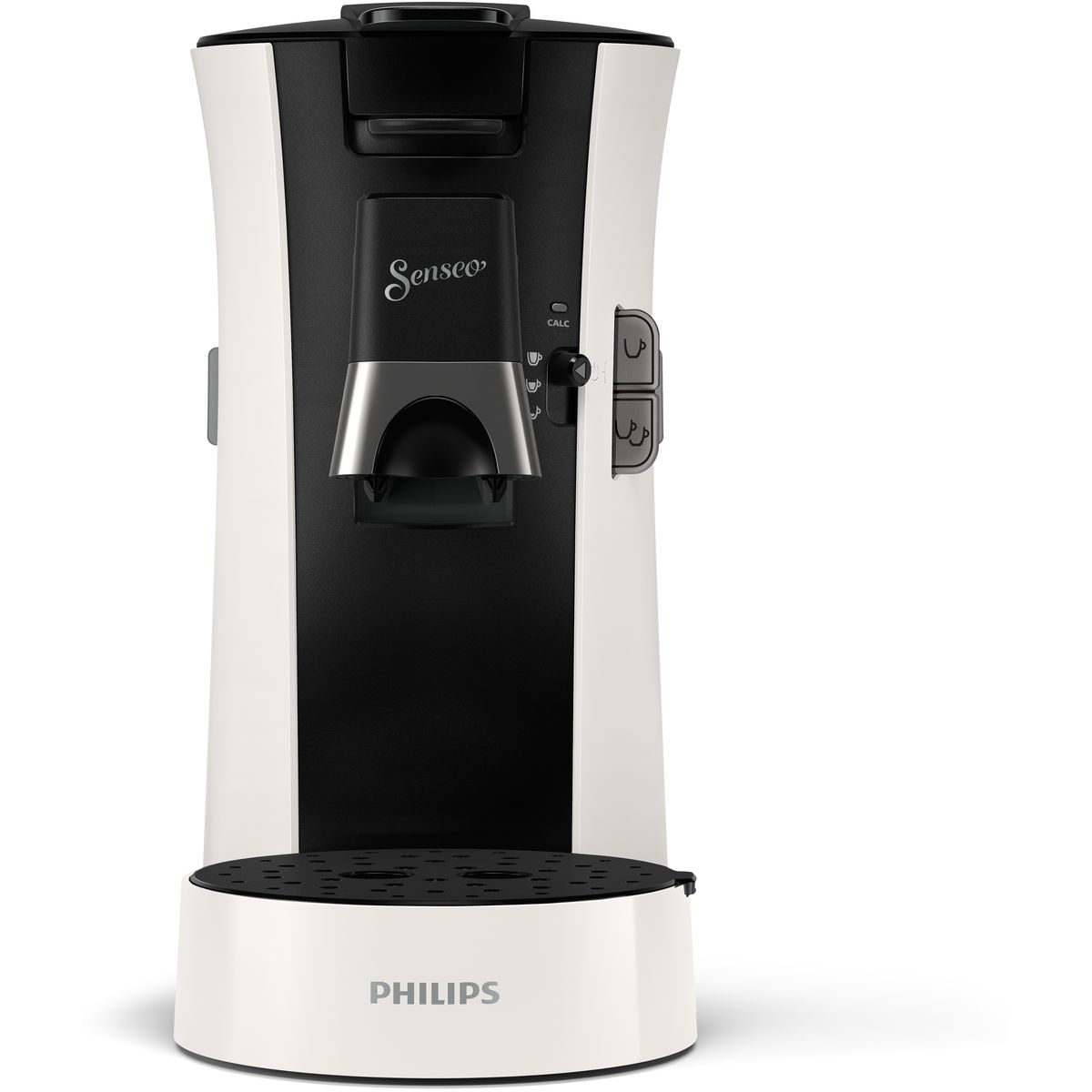 Eine weiß-schwarze Philips Senseo Kaffeemaschine. Sie hat ein abgerundetes Design mit Knöpfen und einem Wassertank.