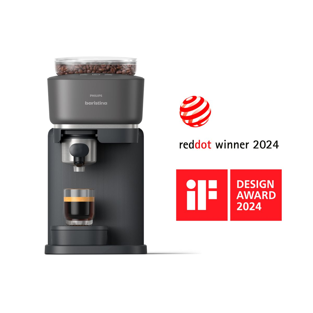 Eine Philips Barista Espressomaschine mit Kaffeebohnen, einem Espresso und Design-Award-Logos auf weißem Hintergrund.