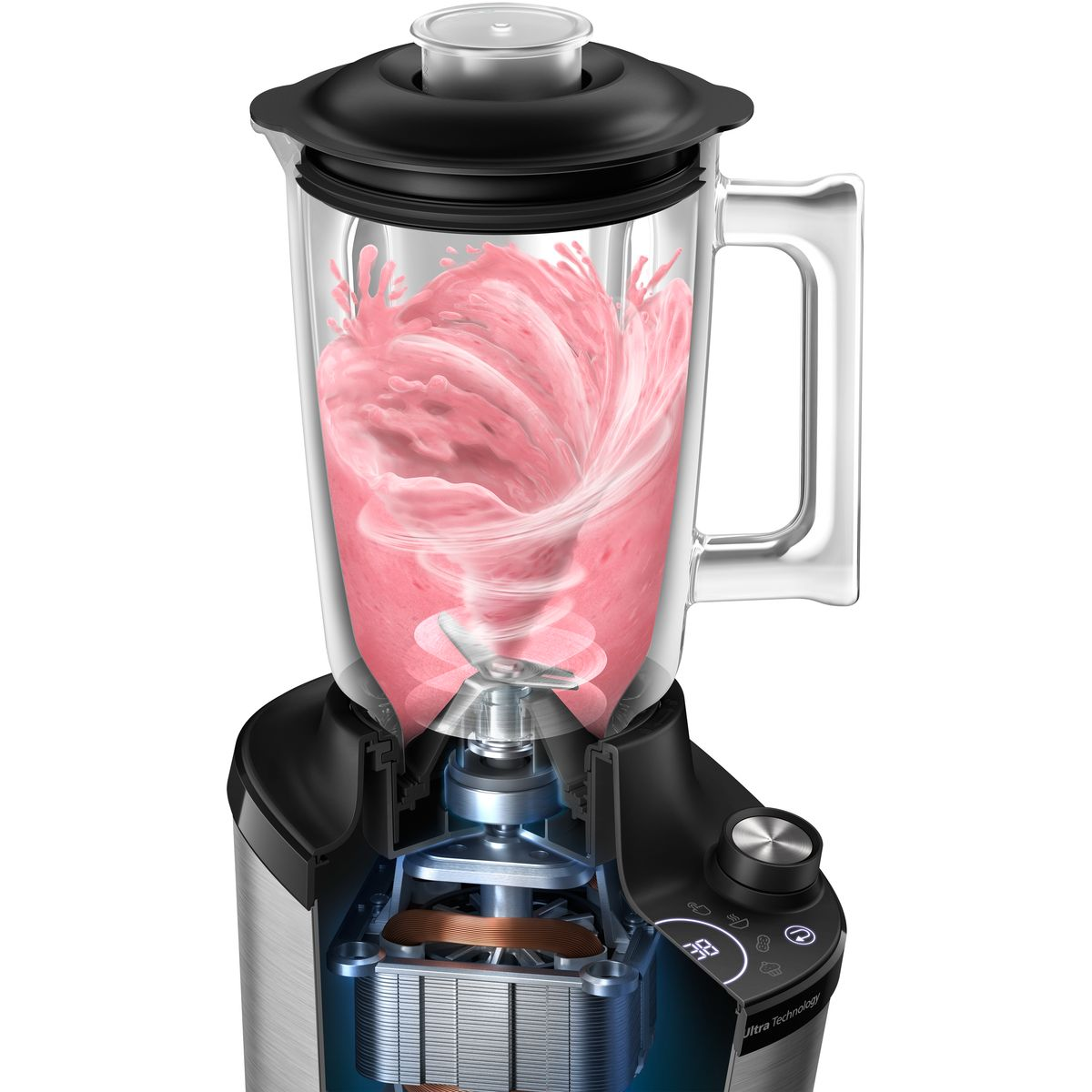 Ein Mixer mit rosa Flüssigkeit, die sich darin dreht. Die Basis ist weggeschnitten und zeigt den Motor. Oben hat er einen Deckel.