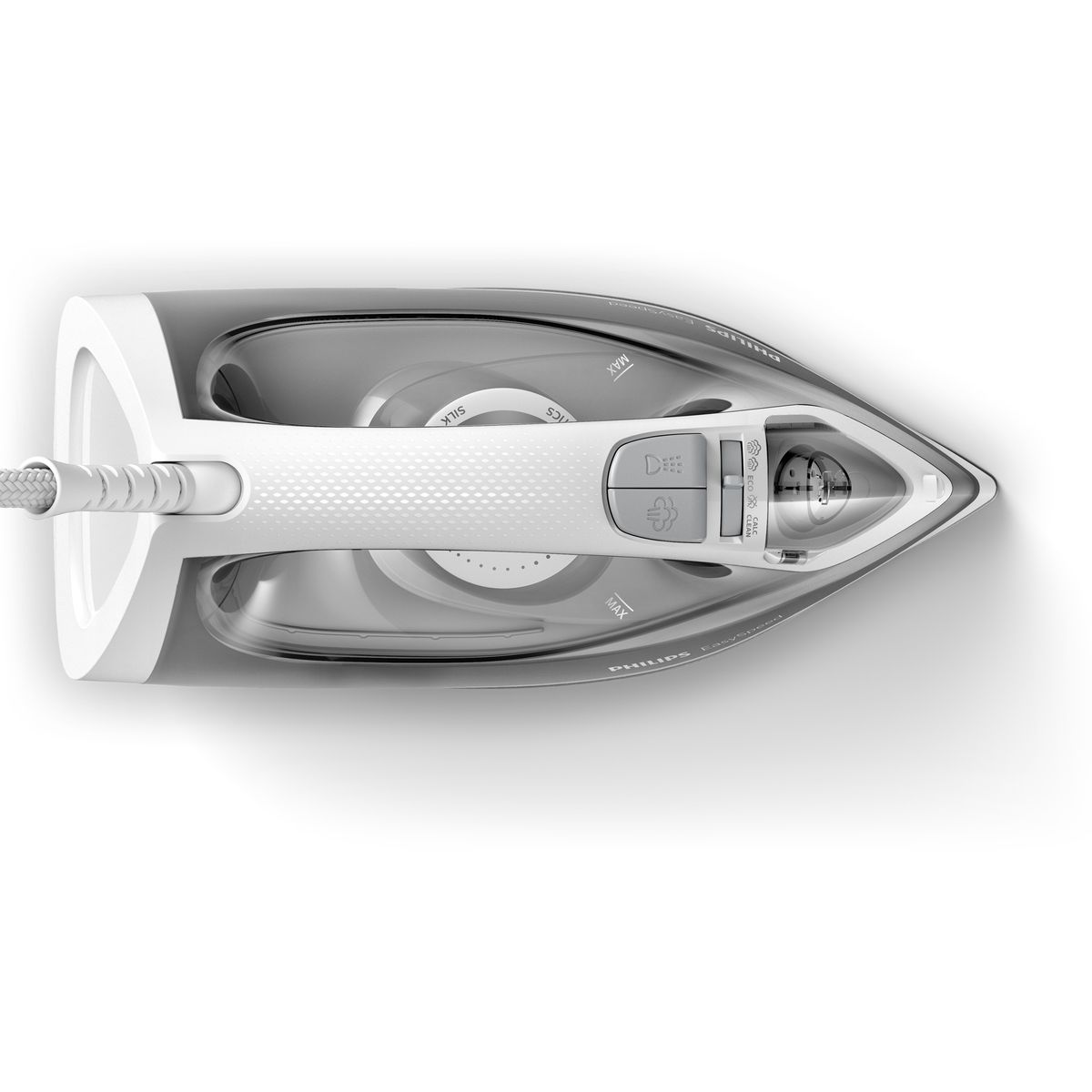 Una plancha Philips blanca y gris, vista superior. Tiene un depósito de agua y botones de control. El cable es gris y texturizado.