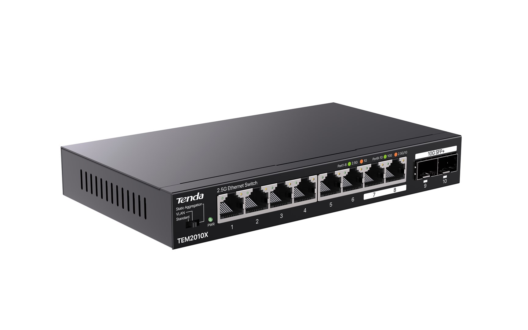 Schwarzer Tenda 2,5G Ethernet-Switch. Er hat mehrere Anschlüsse mit Indikatoren und Beschriftungen. Der Switch befindet sich auf weißem Hintergrund.