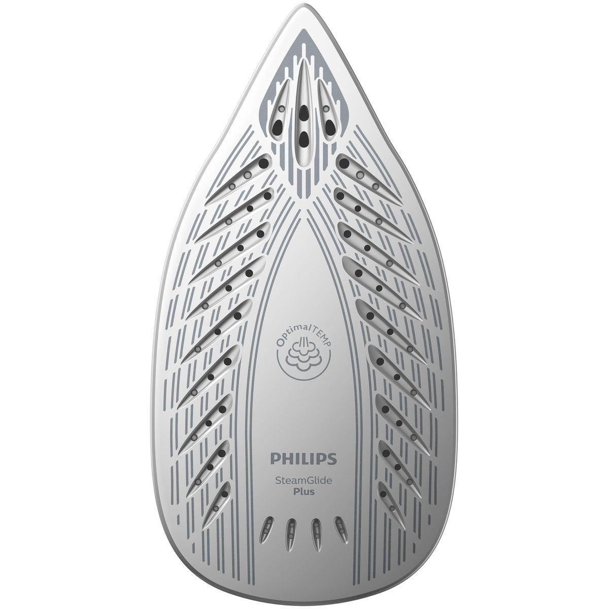 Eine weiße Philips-Bügeleisensohle. Sie hat graue Linien und Löcher für Dampf. Das OptimalTemp-Logo und der Markenname sind sichtbar.
