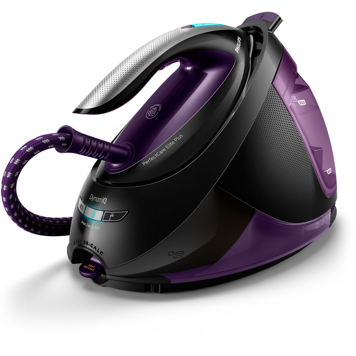 Ein Philips PerfectCare Elite Plus Dampfbügeleisen. Es ist schwarz und lila, mit einem silbernen Griff und einem geflochtenen Schlauch. Es steht auf einer weißen Oberfläche.