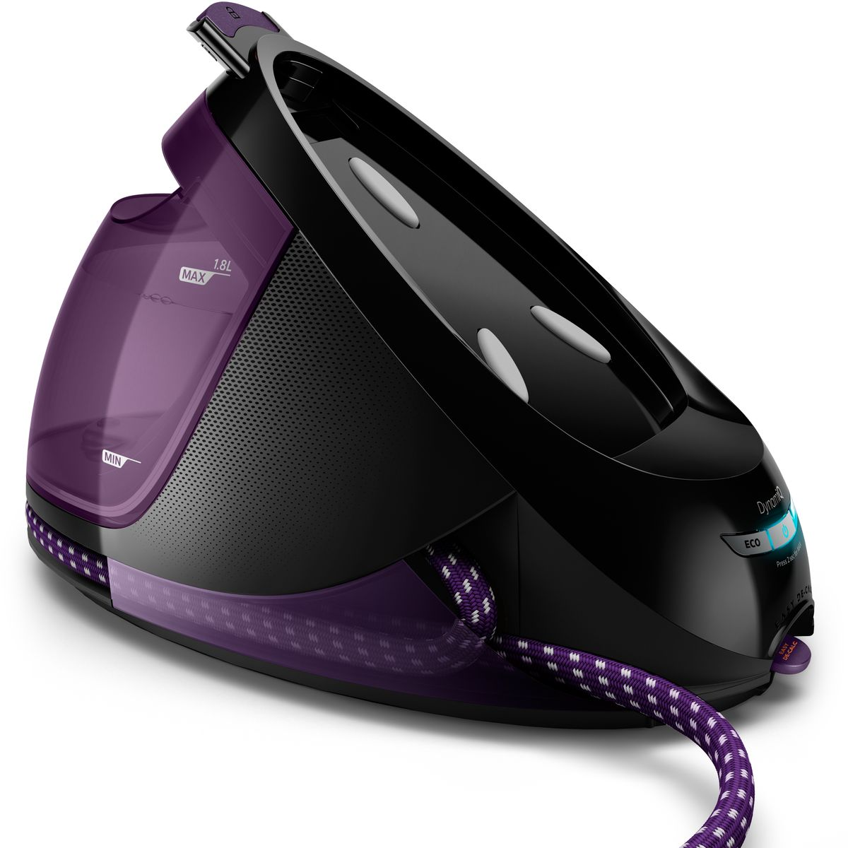 Ein schwarz-violettes Dampfbügeleisen. Es hat einen Wassertank mit Min/Max-Markierungen, eine schwarze Bügelsohle und ein violett-weißes Kabel.