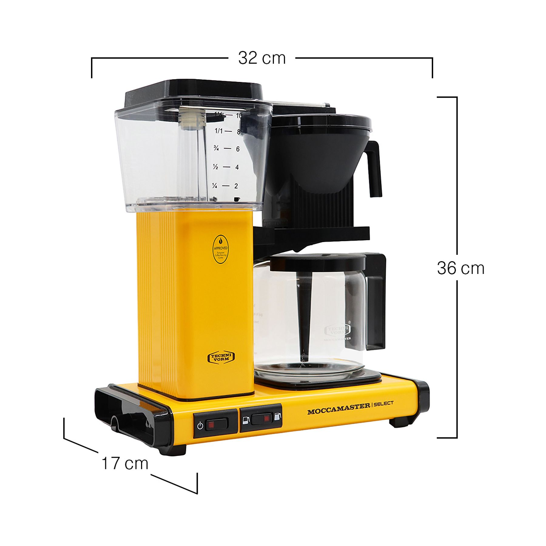 Żółto-czarny ekspres do kawy Moccamaster. Posiada zbiornik na wodę i szklaną karafkę. Wymiary są pokazane.
