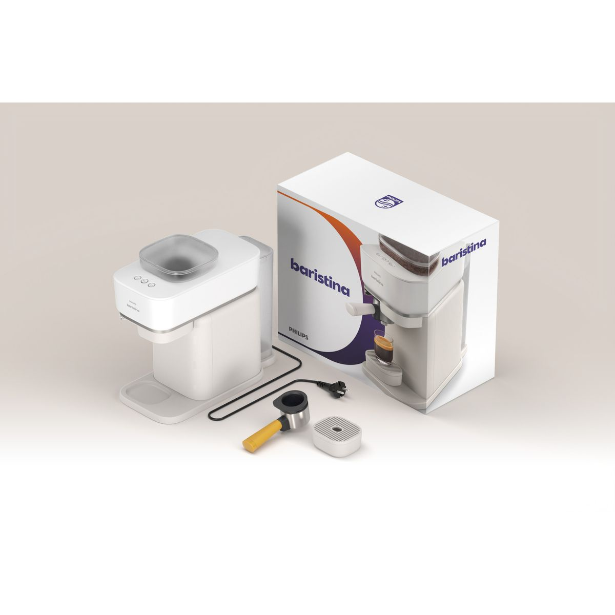A white Baristina espresso machine with accessories and box. Accessories include a portafilter and a white filter.
