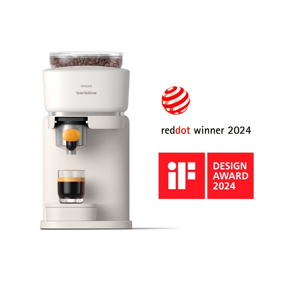 A white Philips Baristina coffee machine with coffee beans in a transparent container. A glass of espresso is below.