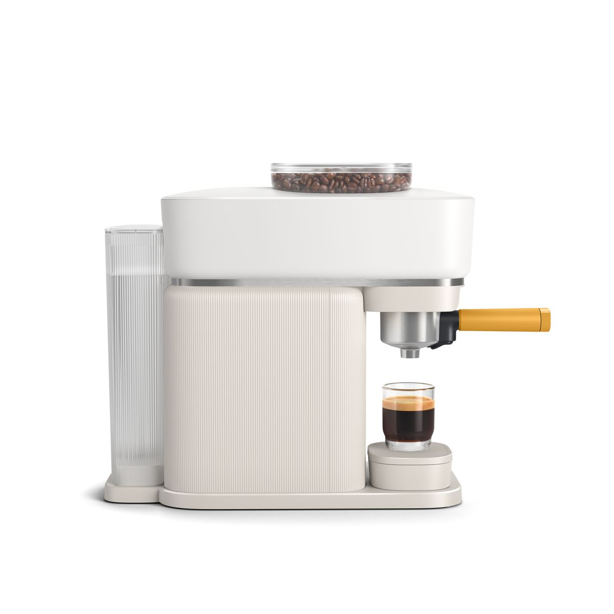 A white and beige espresso machine with a yellow handle. A glass of espresso is in front. Coffee beans are on top.