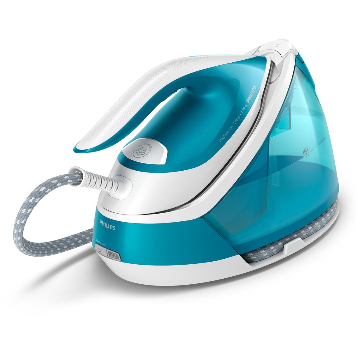 Een Philips PerfectCare Compact Plus stoomstrijkijzer, wit en blauwgroen. Het heeft een watertank en een snoer. Het strijkijzer staat op een witte achtergrond.