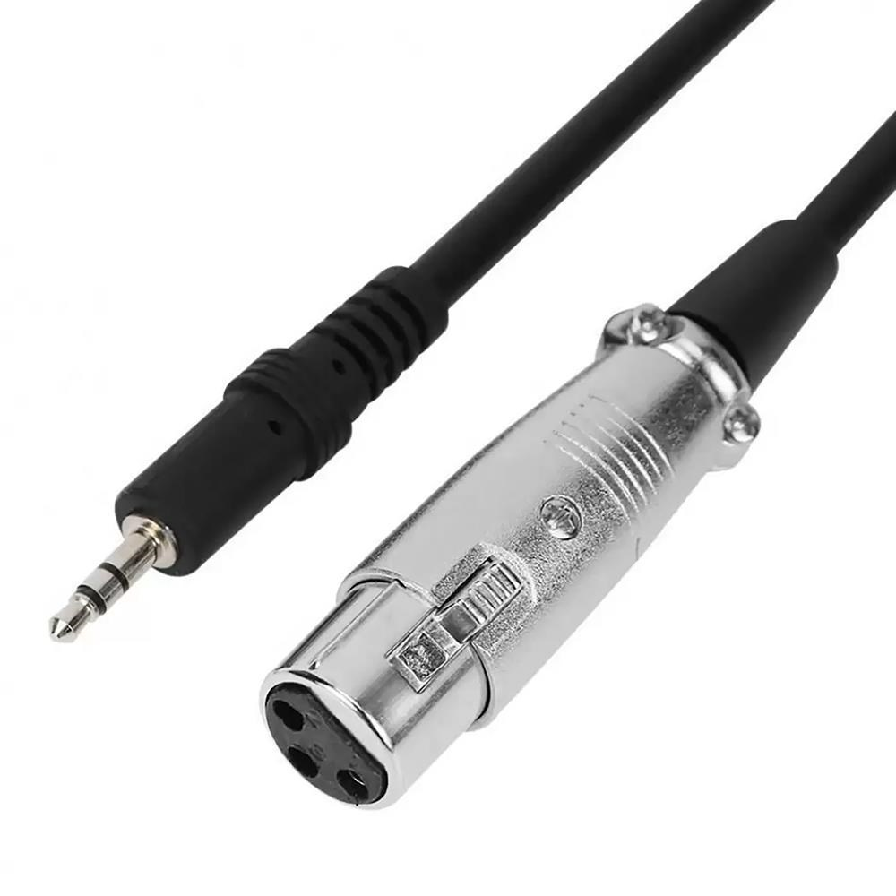 Ein Audiokabel mit einem 3,5-mm-Klinkenstecker an einem Ende und einem XLR-Anschluss am anderen Ende. Das Kabel ist schwarz und die Stecker sind silberfarben.