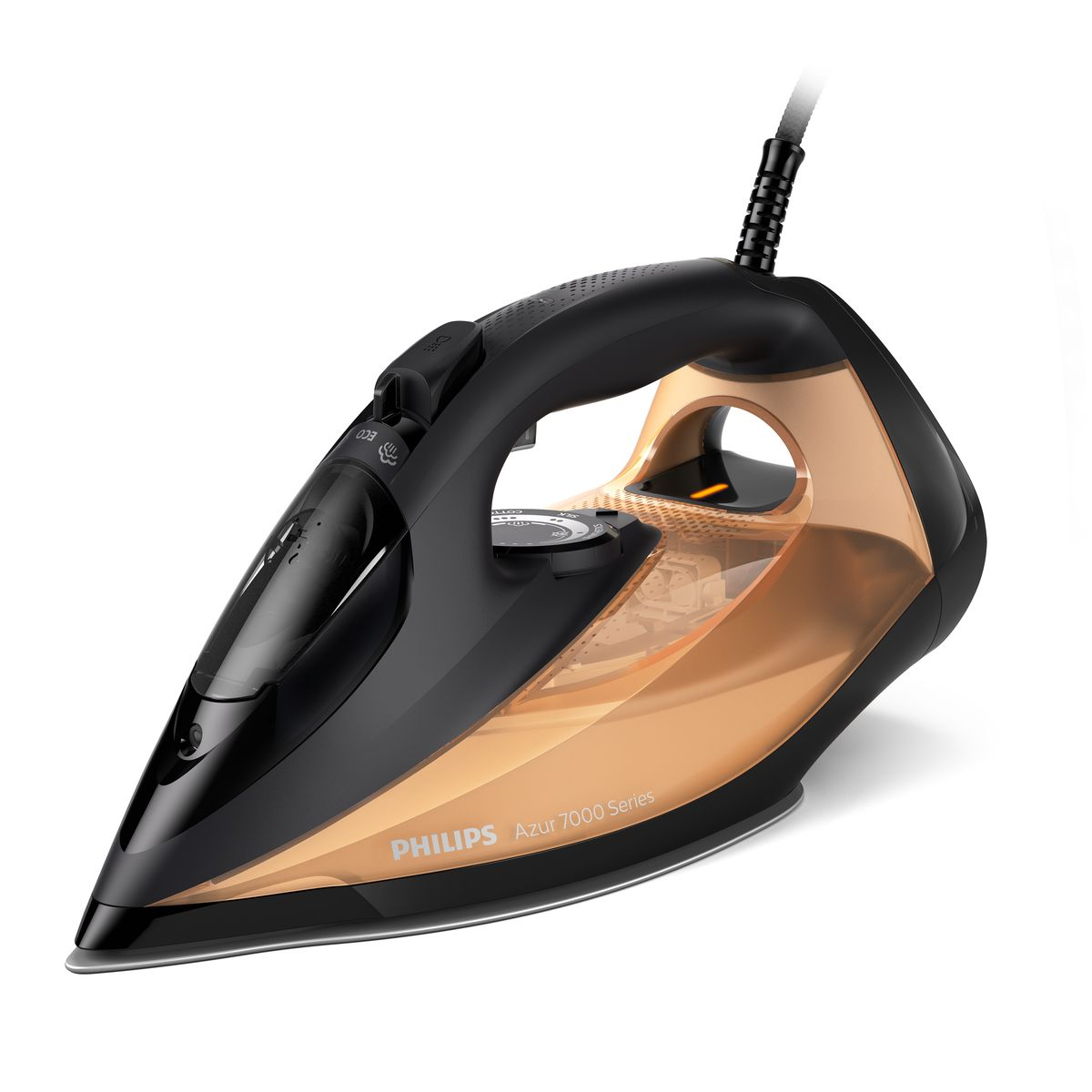 Ferro da stiro Philips Azur 7000 Series nero e oro. Presenta serbatoio dell'acqua, manopola temperatura e cavo nero. Sfondo bianco.