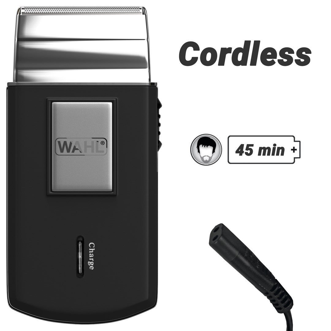Czarna bezprzewodowa golarka Wahl z ładowarką. Tekst 'Cordless' i '45 min'. Ikona brody.