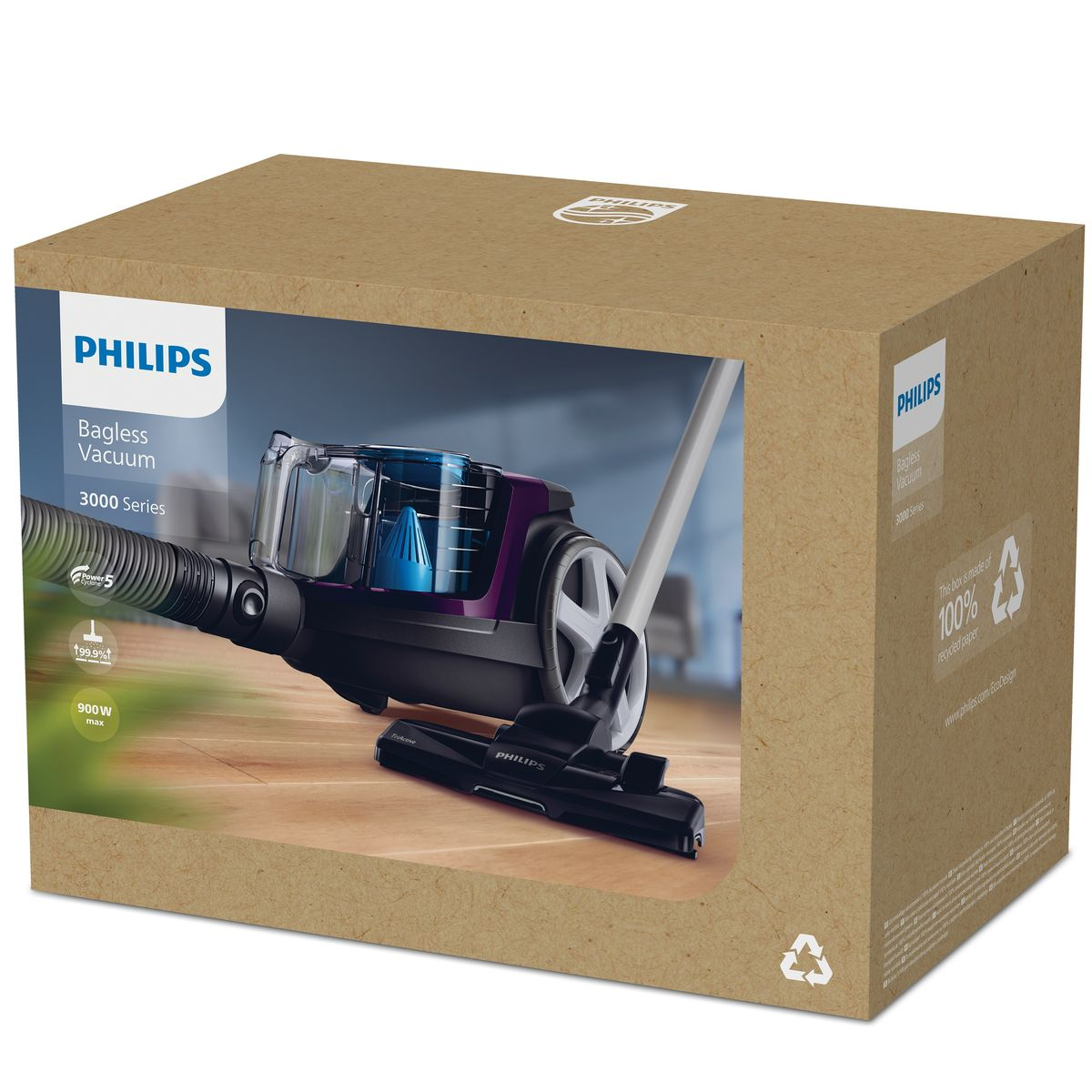 Pudełko od odkurzacza bezworkowego Philips. Odkurzacz jest czarny i fioletowy. Pudełko jest brązowe z marką Philips.