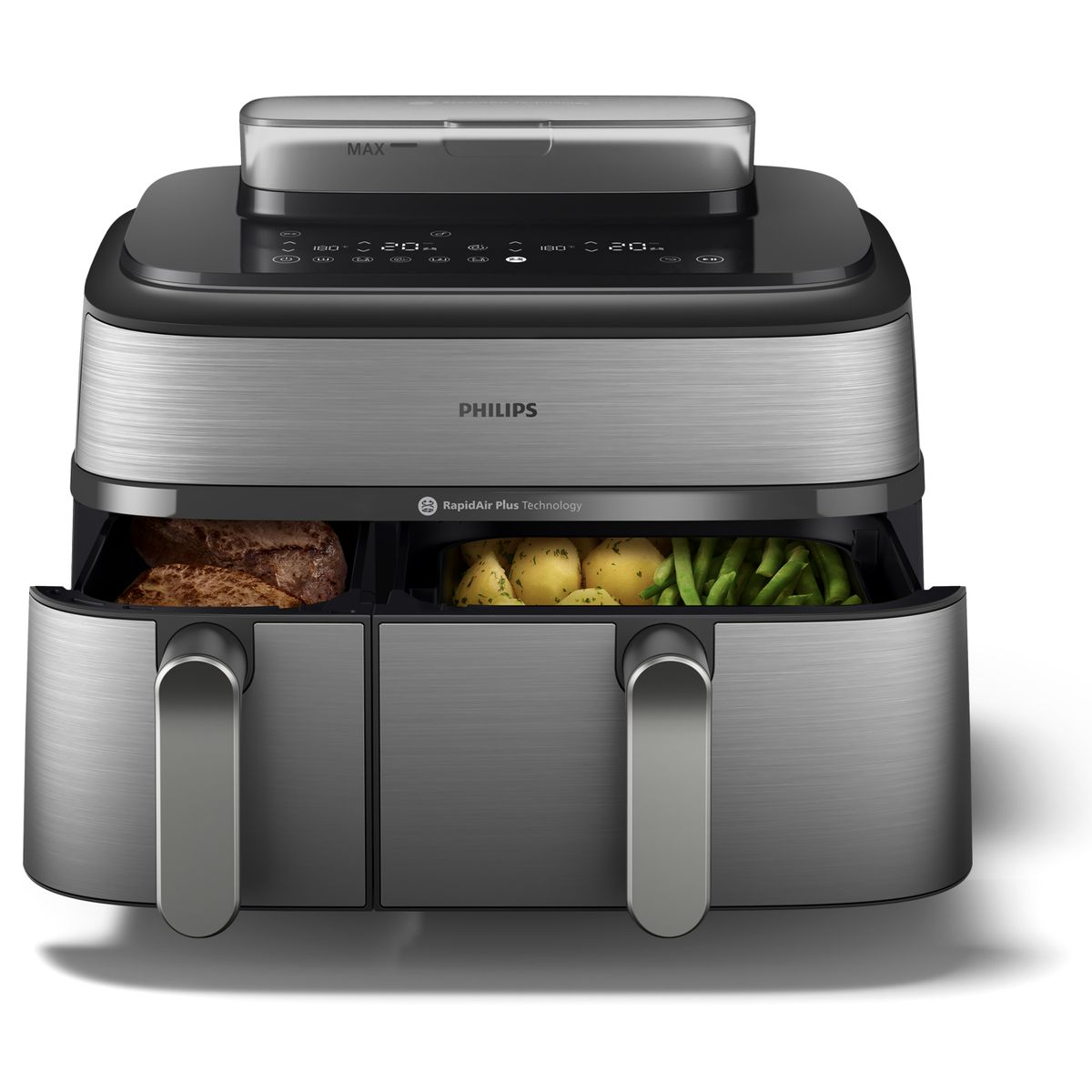 Una friggitrice ad aria Philips con due scomparti, uno con pane, l'altro con patate e fagiolini. Ha un display digitale e maniglie.