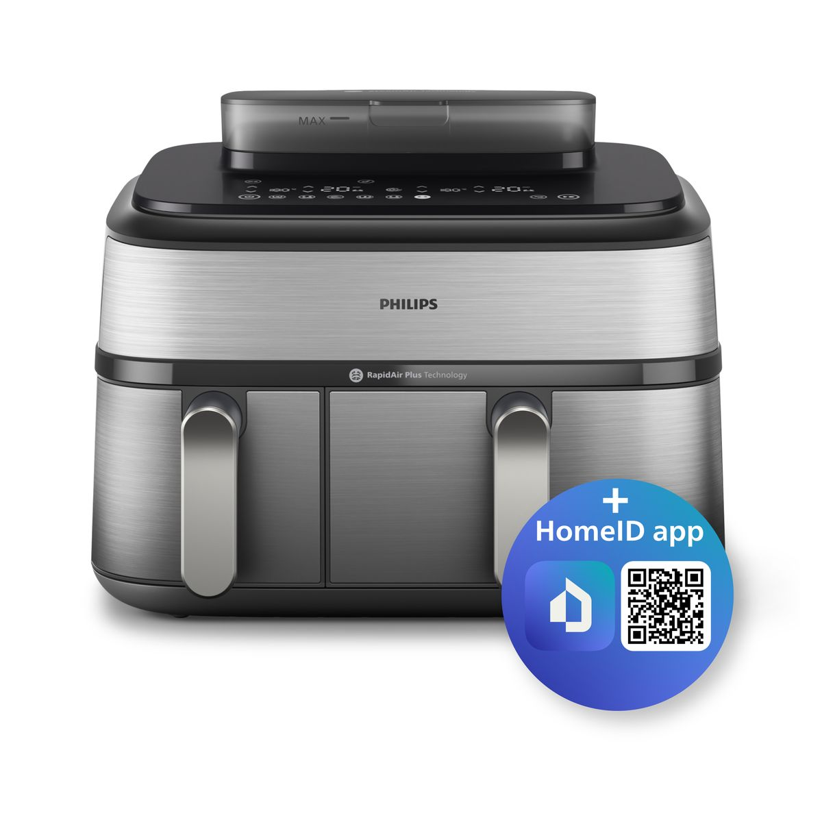 Una friggitrice ad aria Philips con doppi cestelli. Ha un display digitale e maniglie. Include un'icona dell'app HomeID e un codice QR.