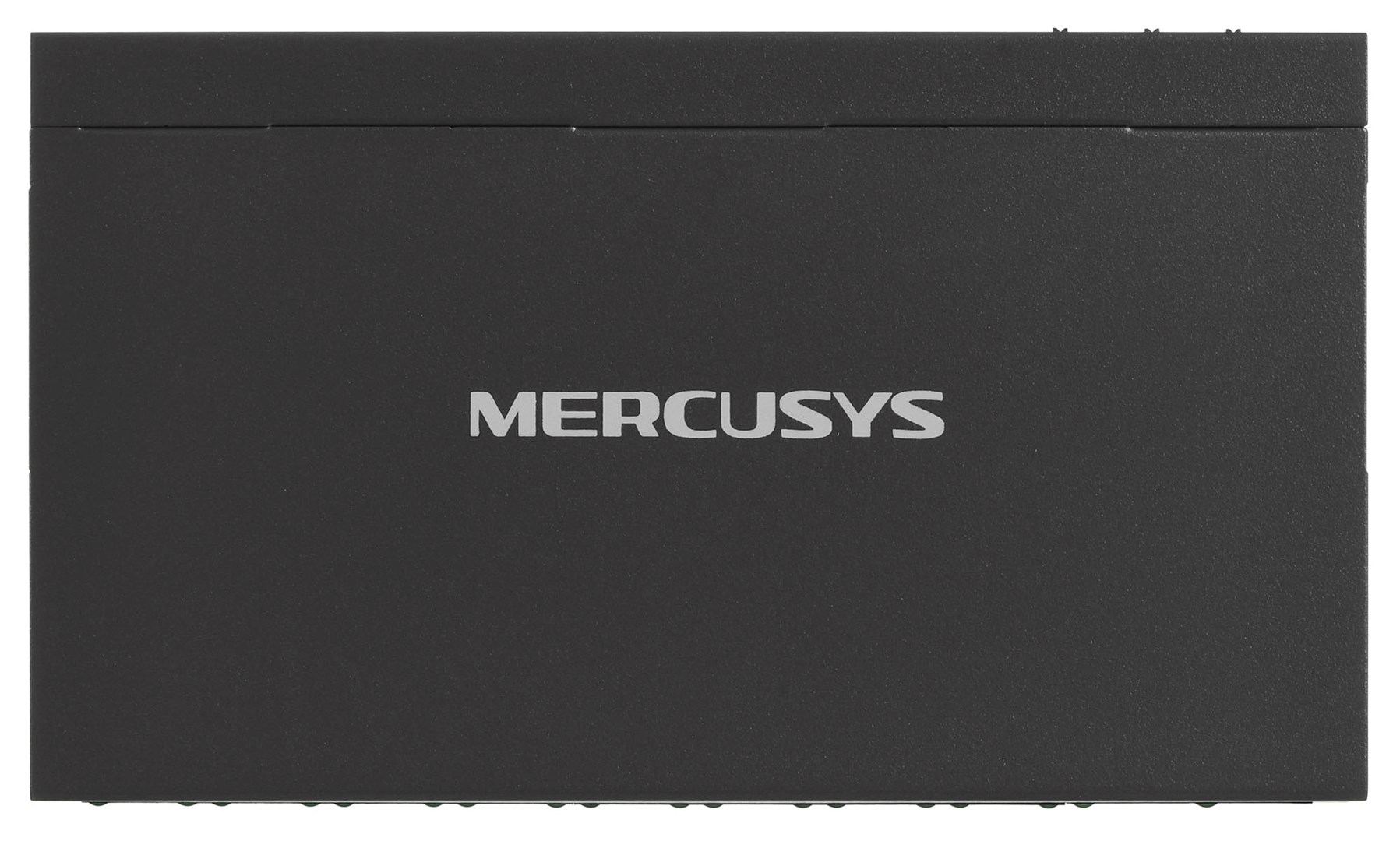 Ein schwarzes Mercusys-Gerät ist vor weißem Hintergrund zentriert. Der Markenname ist in silbernen Buchstaben.