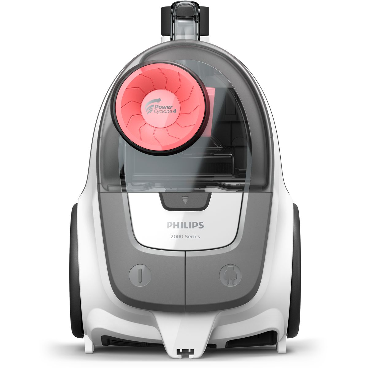 Ein weißer und grauer Philips Staubsauger. Er hat einen roten Ventilator im Inneren. Auf dem Ventilator steht "Power Cyclone 4".