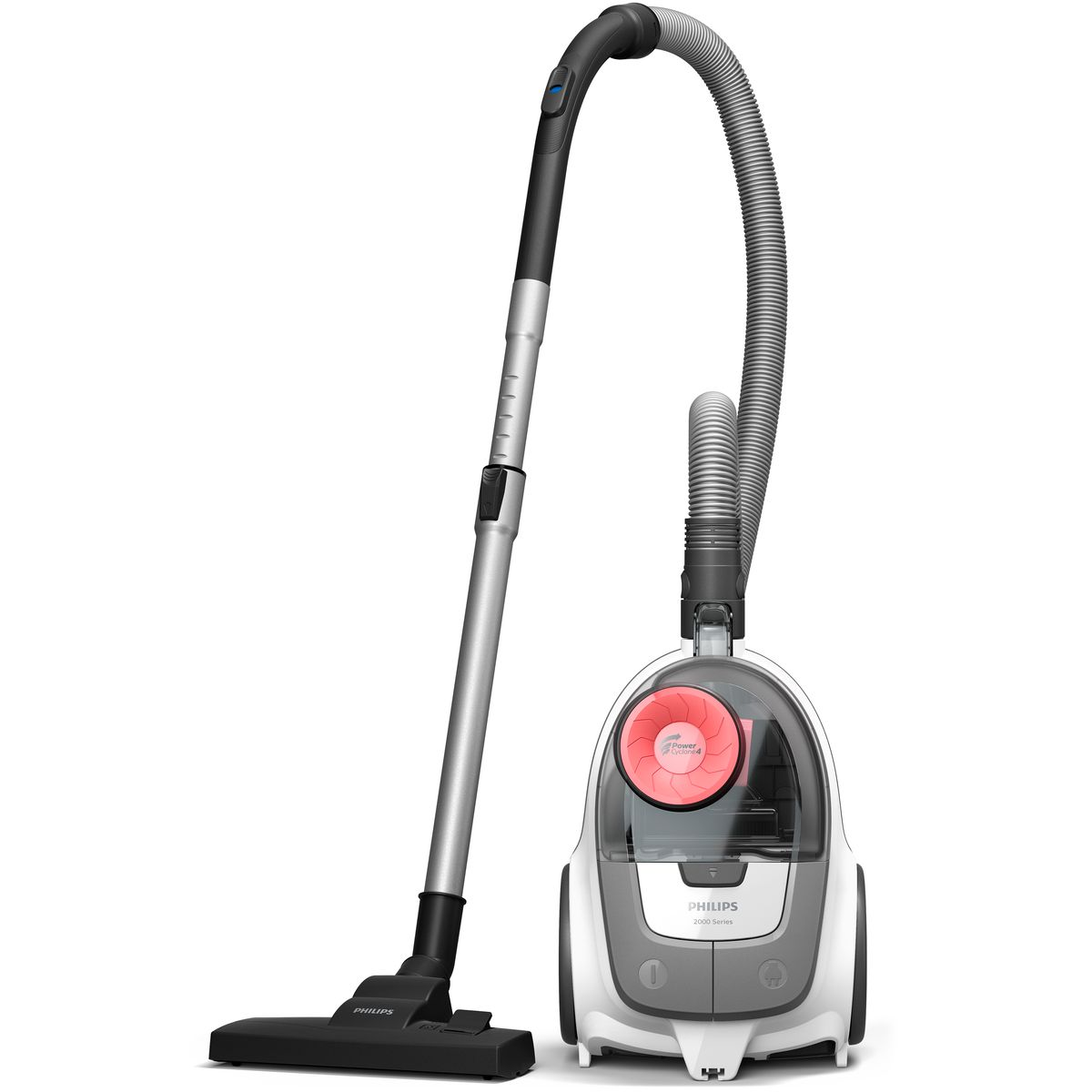 Ein Staubsauger der Philips 2000 Serie. Er ist weiß und grau mit roter Betriebsanzeige, schwarzem Schlauch und Griff.
