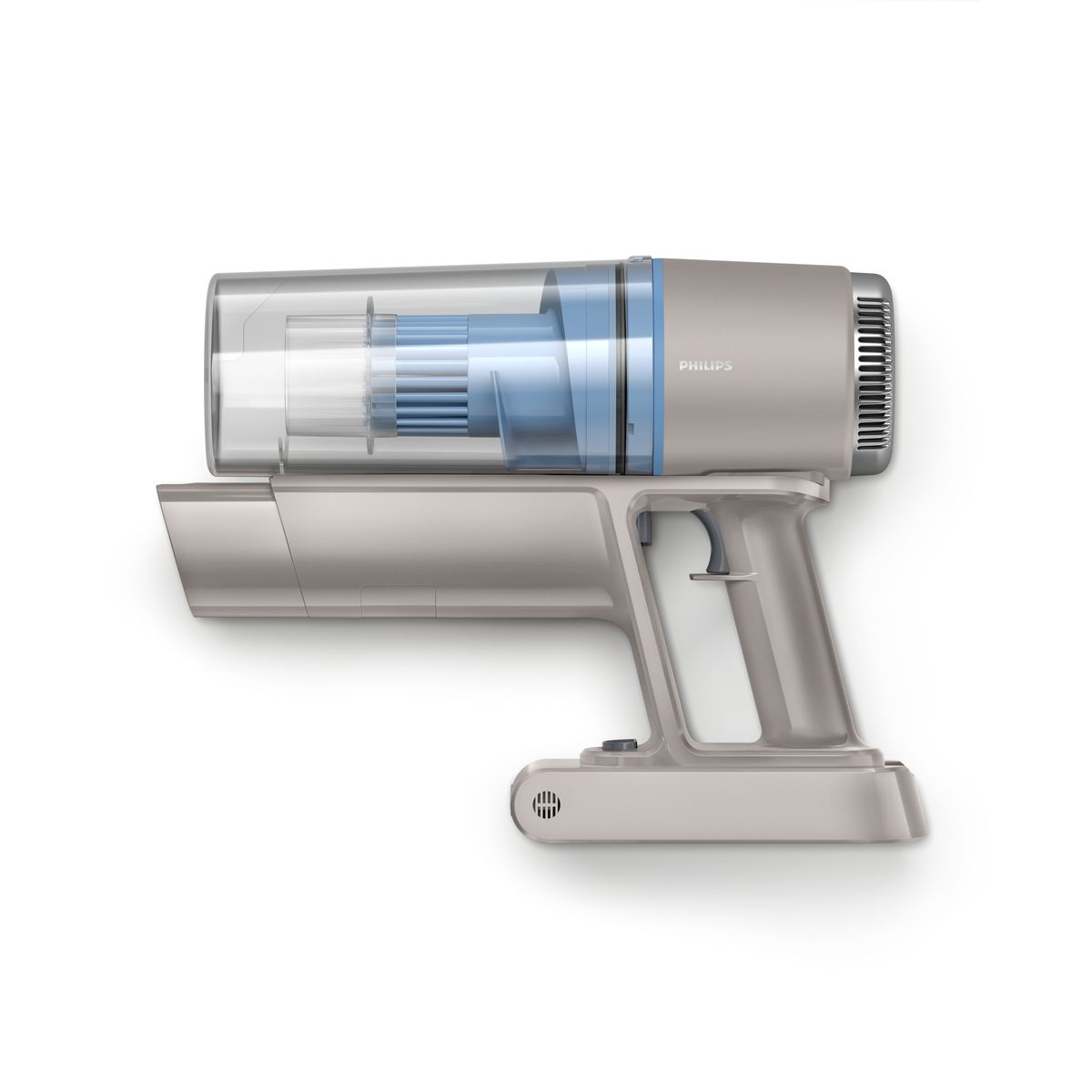 Bezprzewodowy odkurzacz Philips. Ma szary korpus, przezroczysty pojemnik na kurz z niebieskimi elementami i uchwyt.