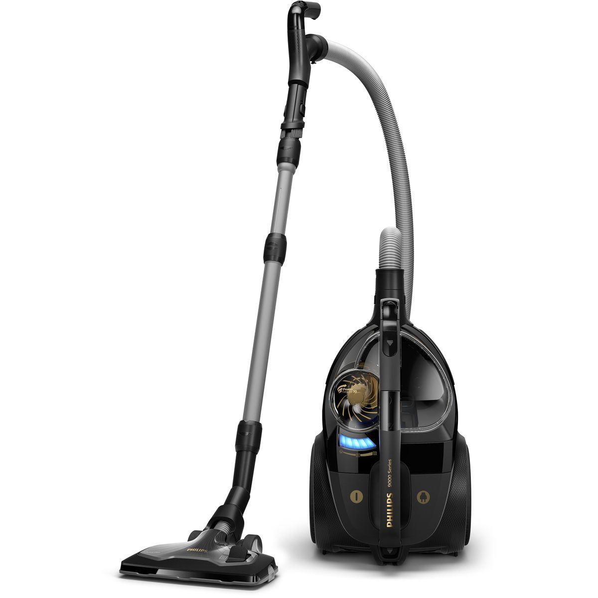 Een zwarte Philips stofzuiger. Het heeft een lange grijze buis en een zwarte kop. De behuizing is ook zwart.