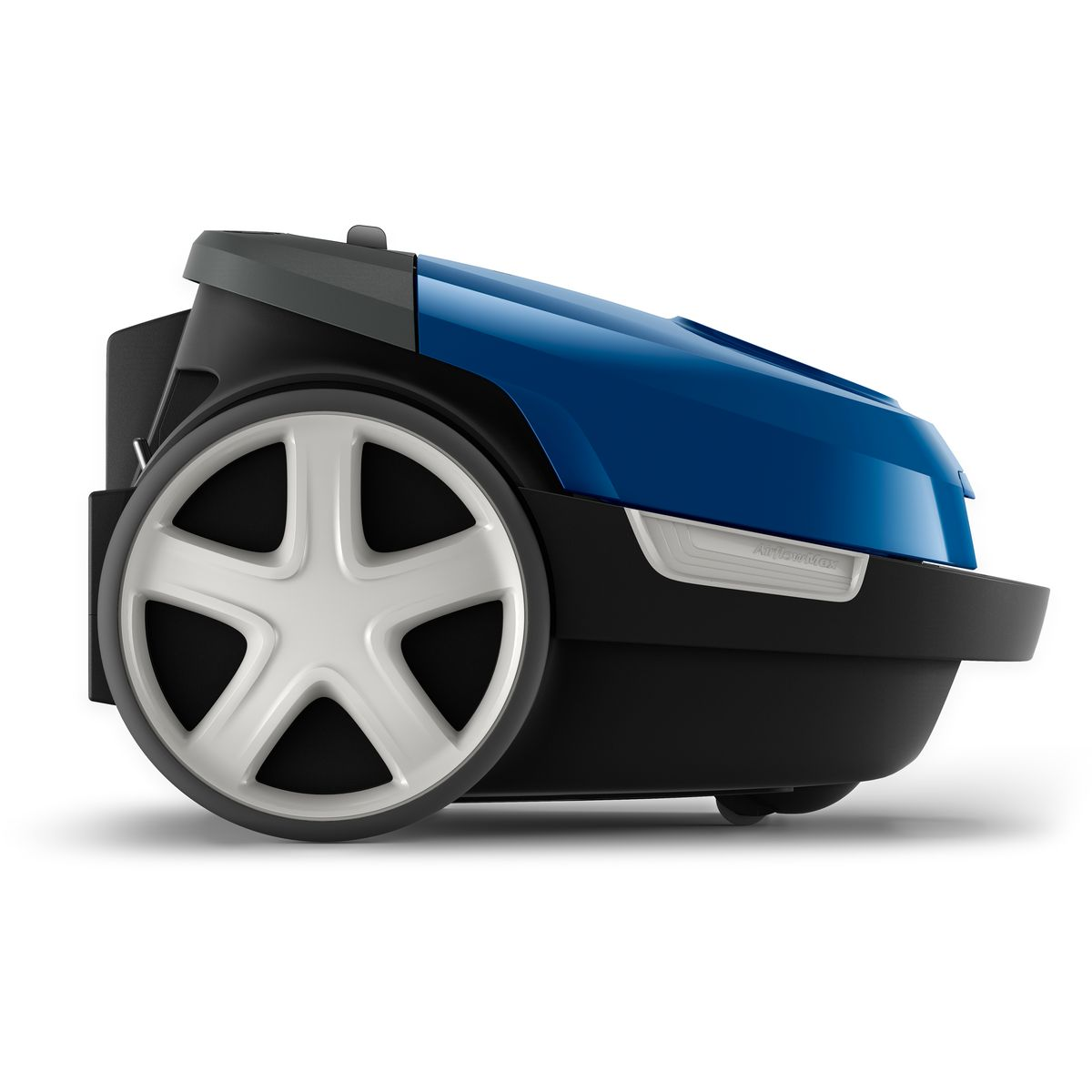 Niebiesko-czarny odkurzacz z białymi kołami. Odkurzacz ma elegancki wygląd, z widoczną nazwą marki.
