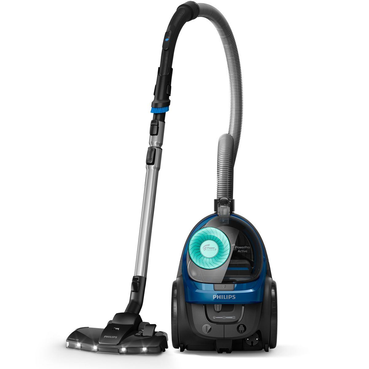 Ein Philips PowerPro Active Staubsauger. Er ist blau und schwarz, mit einem silbernen Verlängerungsrohr und einem flexiblen Schlauch.