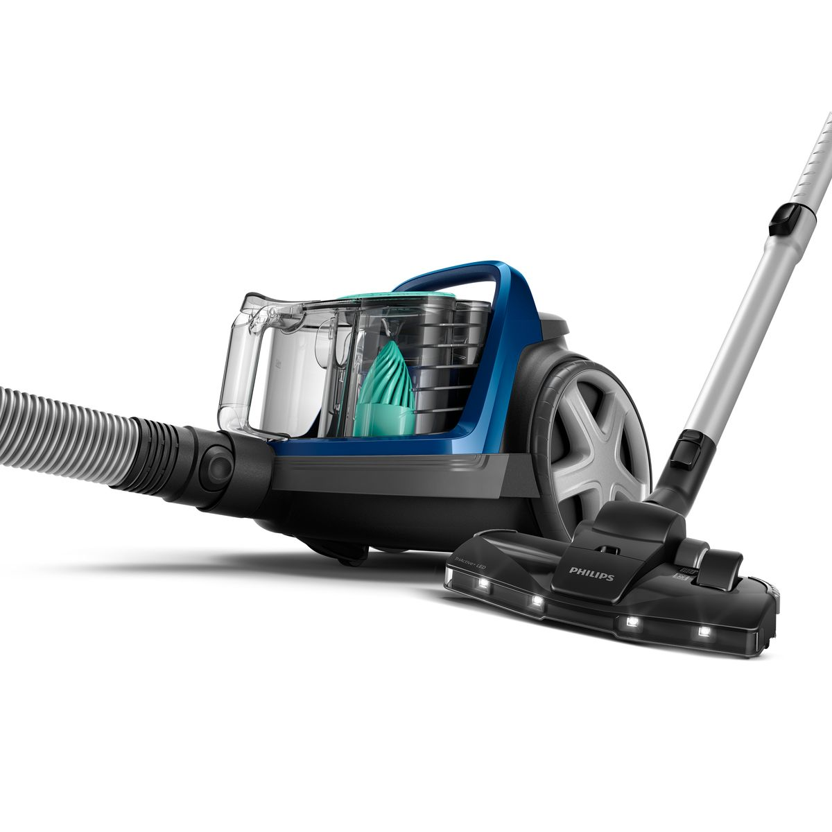 Ein Philips Staubsauger mit transparentem Staubbehälter, blauen Akzenten und einem schwarzen Reinigungskopf. Auf weißem Hintergrund.