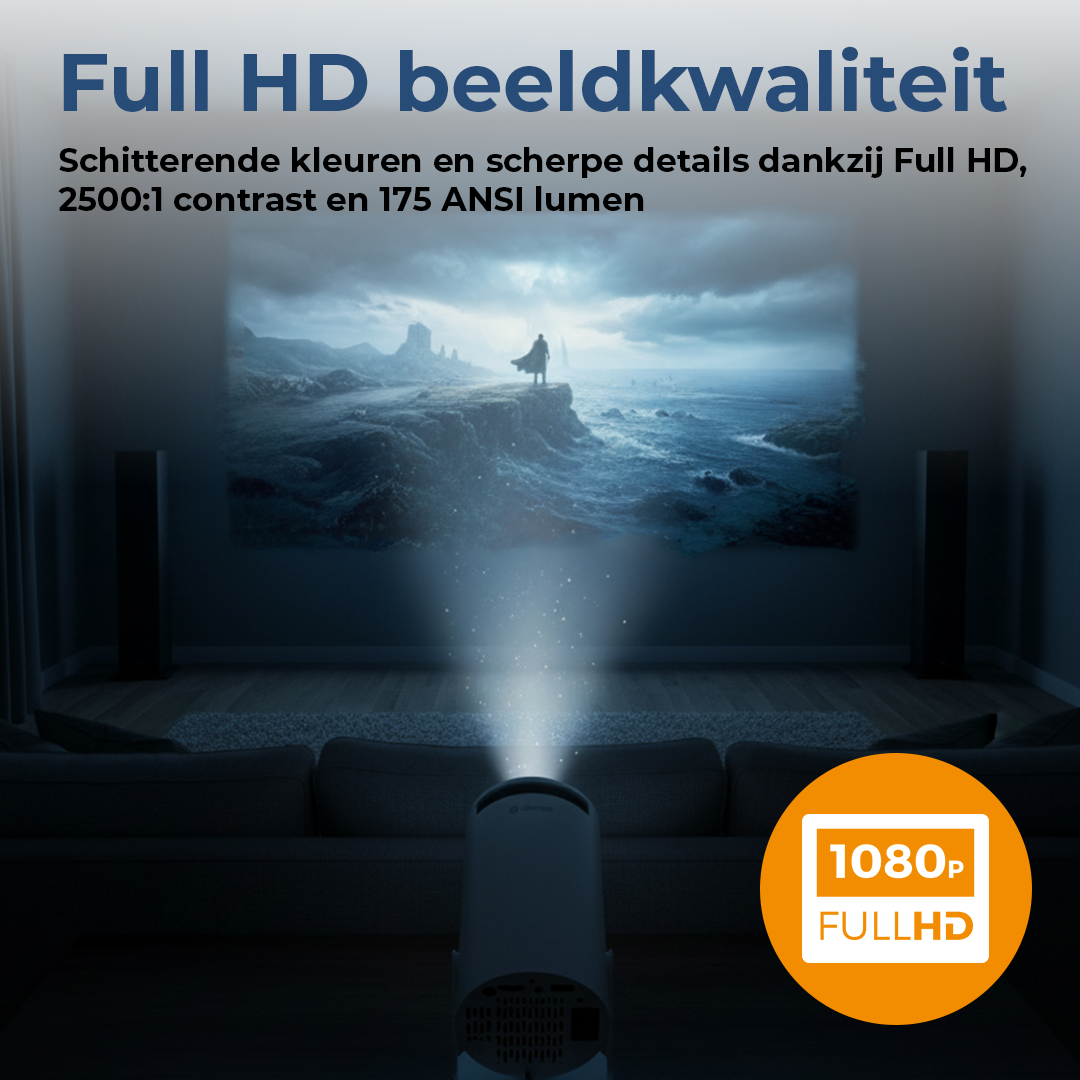 Een projector toont een afbeelding op een muur. Een man staat op een klif in een stormachtige zee. De afbeelding is gelabeld met 1080p Full HD.