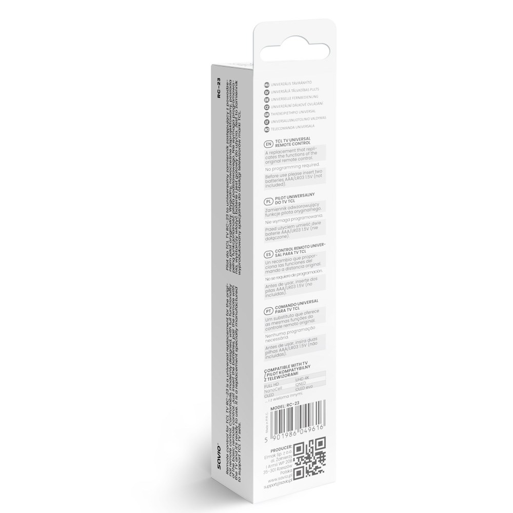 Białe i szare opakowanie uniwersalnego pilota TCL, szczegóły produktu i kod QR są widoczne.