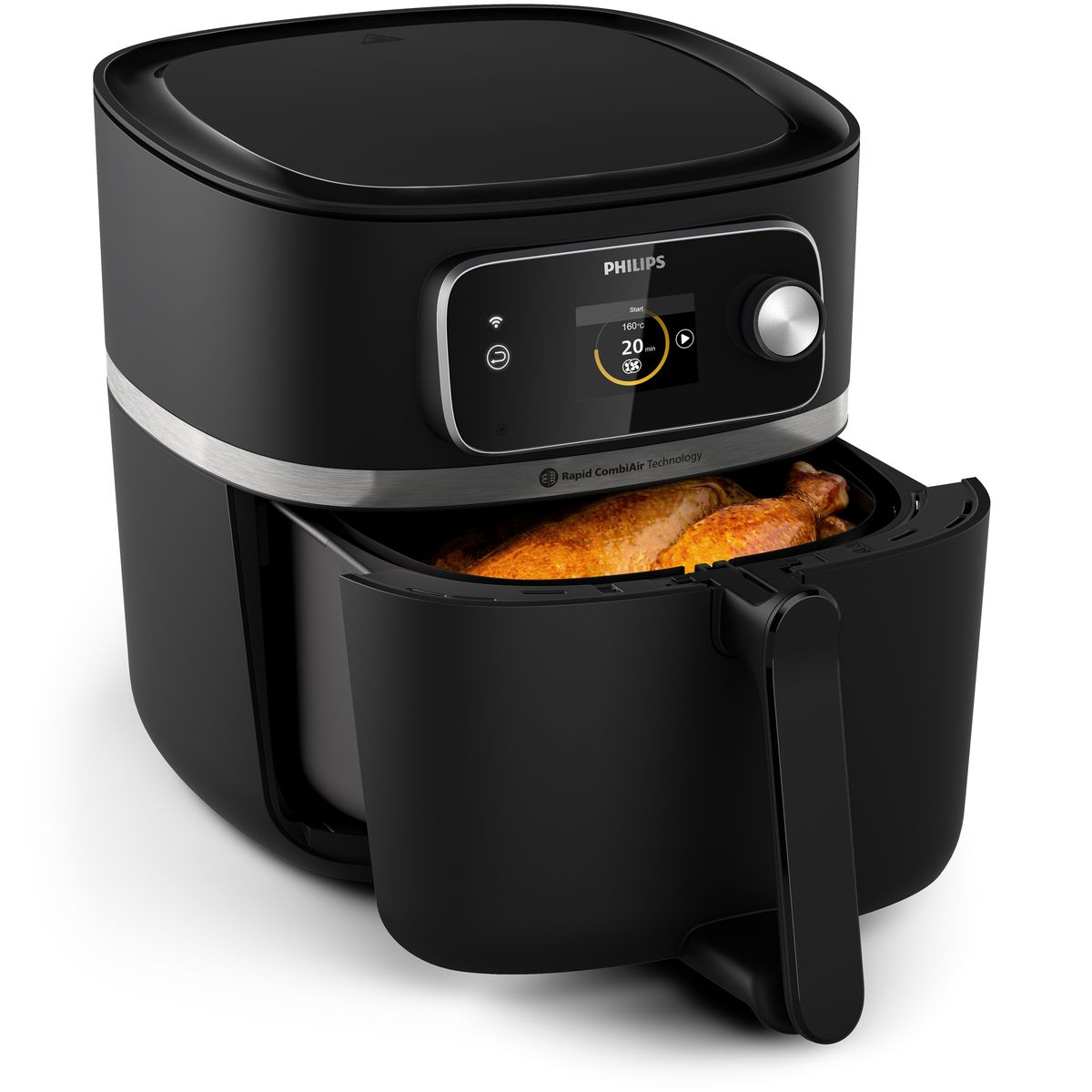 Schwarze Philips Heißluftfritteuse mit gebratenem Hähnchen. Das Display zeigt Einstellungen. Die Fritteuse steht auf weißem Untergrund.