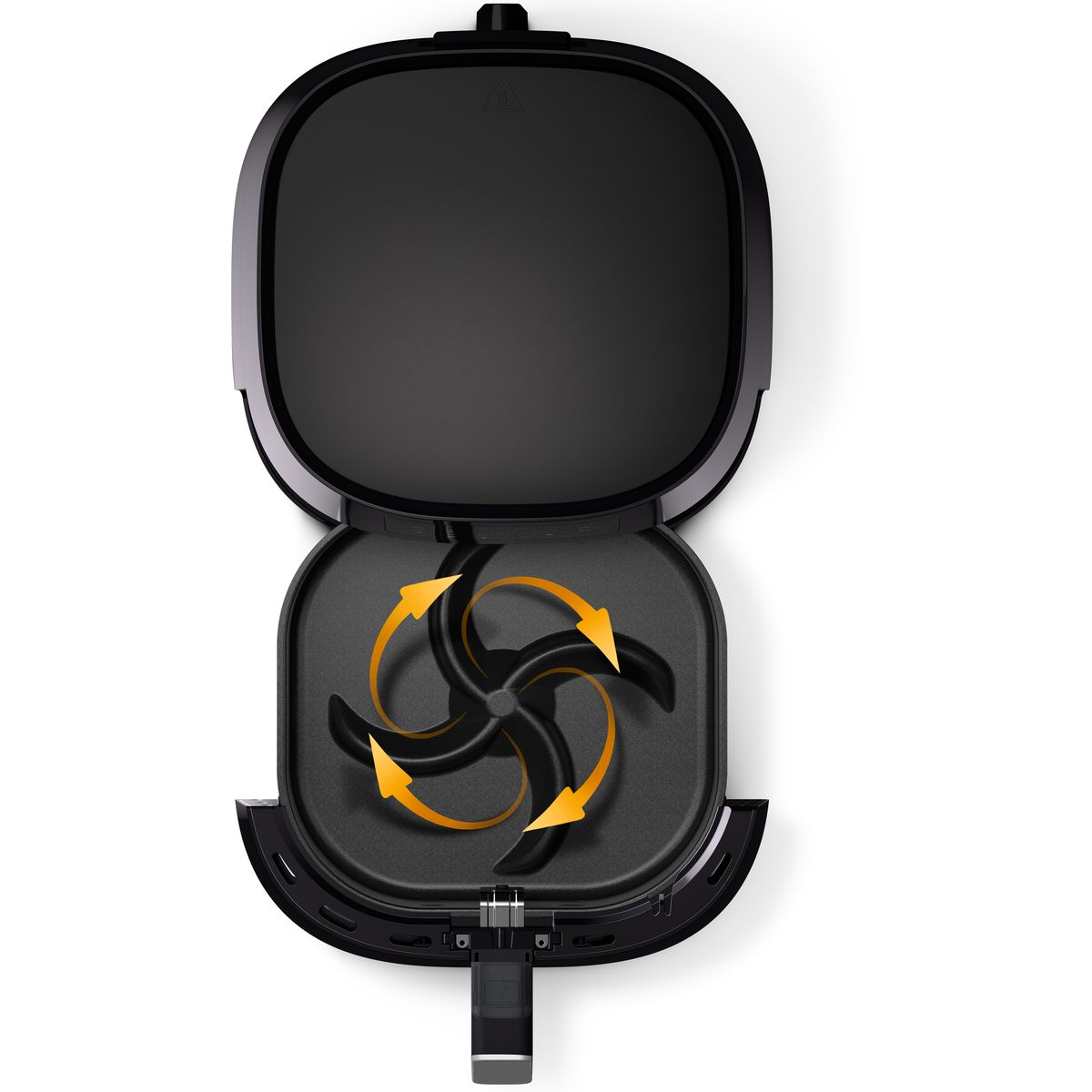 Czarna frytownica beztłuszczowa, otwarta pokrywa. Wewnątrz wentylator ze strzałkami pokazującymi cyrkulację powietrza. Tło jest białe.