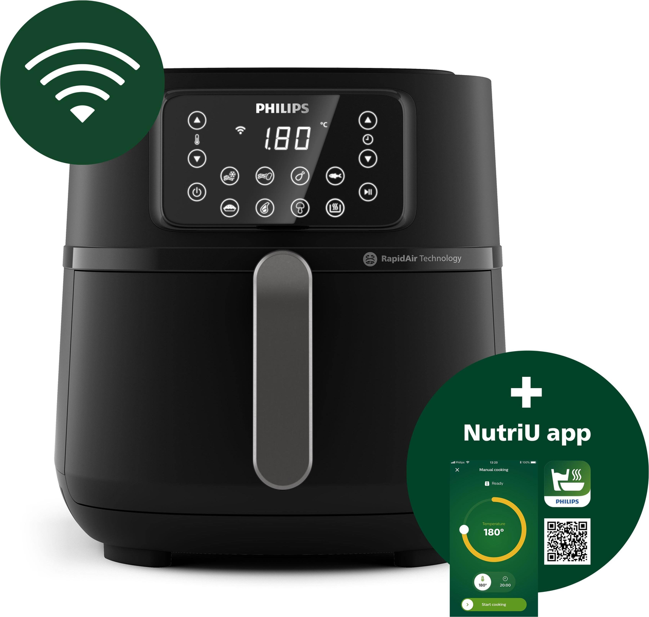 Ein schwarzer Philips-Heißluftfritteuse mit Digitalanzeige, die 180°C anzeigt. Ein grünes WLAN-Symbol und ein NutriU-App-Symbol sind ebenfalls vorhanden.