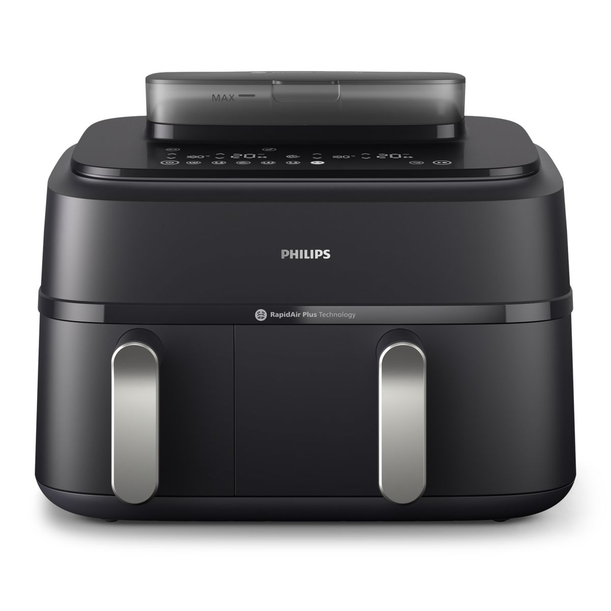 Een zwarte Philips airfryer. Het heeft een transparant deksel aan de bovenkant, zilveren handgrepen en een bedieningspaneel met knoppen. De merknaam is zichtbaar.