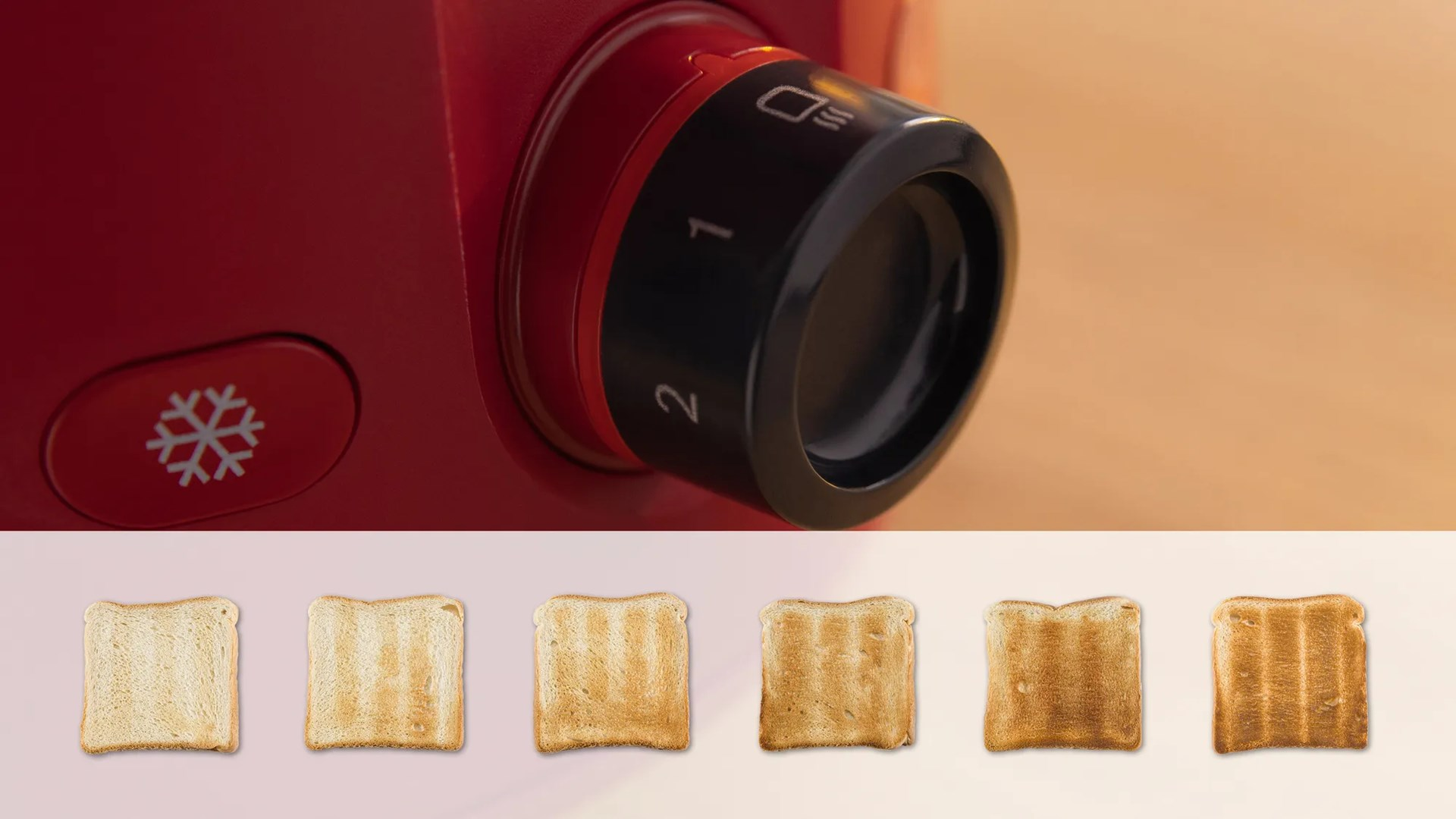 Czerwony toster z pokrętłem pokazującym różne poziomy opiekania. Poniżej sześć kromek tostów o różnym stopniu zarumienienia.