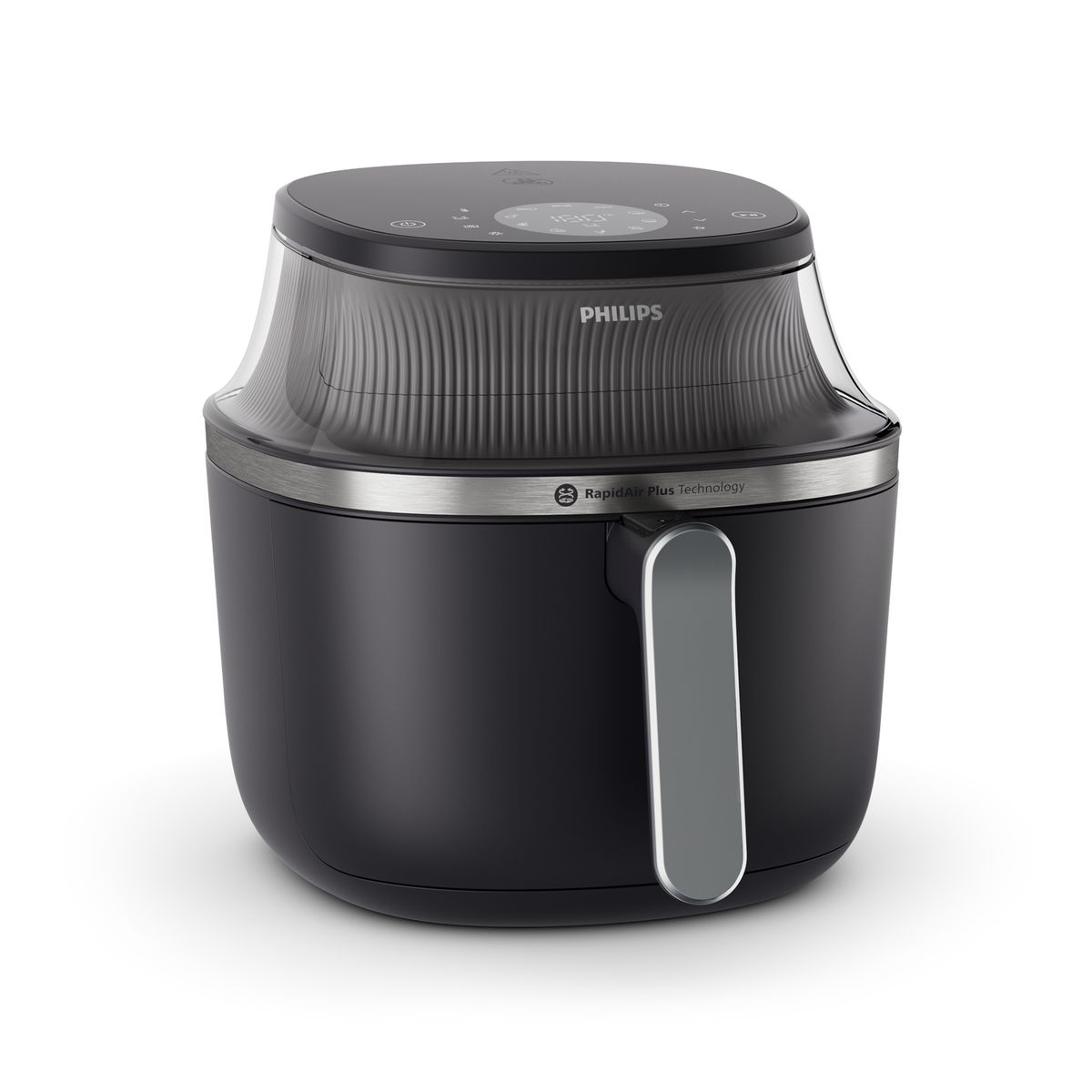 Czarna frytkownica Philips z srebrnym uchwytem i akcentami. Przezroczysty top i wyświetlacz cyfrowy. Białe tło.