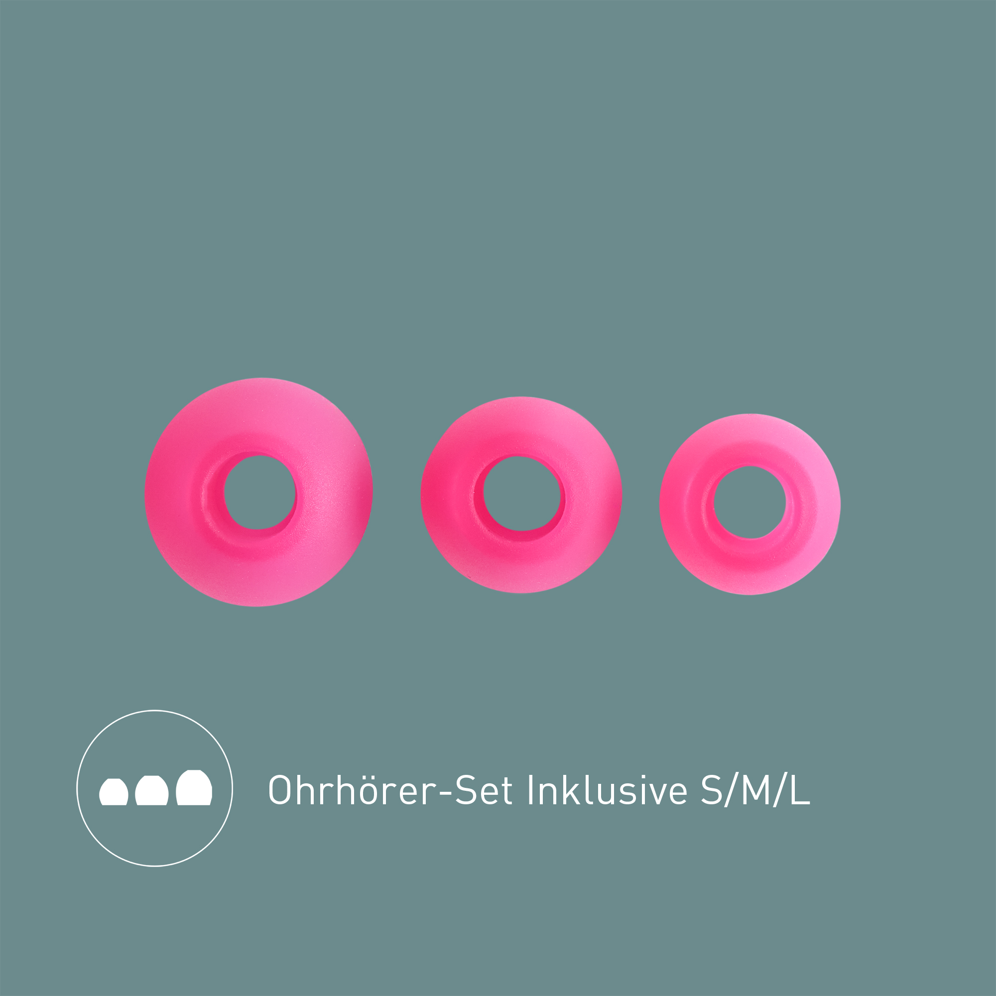 Drei unterschiedlich große pinkfarbene Ohrhörer auf grauem Hintergrund. Text darunter: 'Ohrhörer-Set Inklusive S/M/L'.