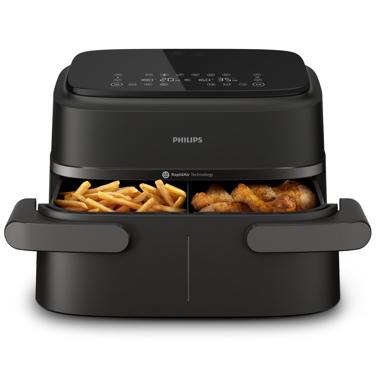 Una friggitrice ad aria Philips nera con patatine fritte e pollo. Ha un display digitale e la tecnologia Rapid Air.