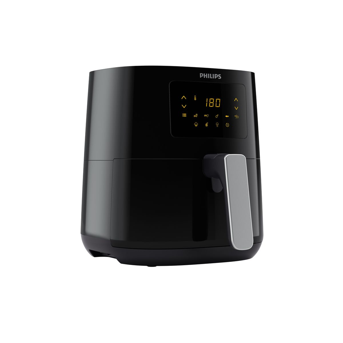 Ein schwarzer Philips-Luftfritteuse mit silbernem Griff. Es hat ein digitales Display mit 180. Der Hintergrund ist weiß.