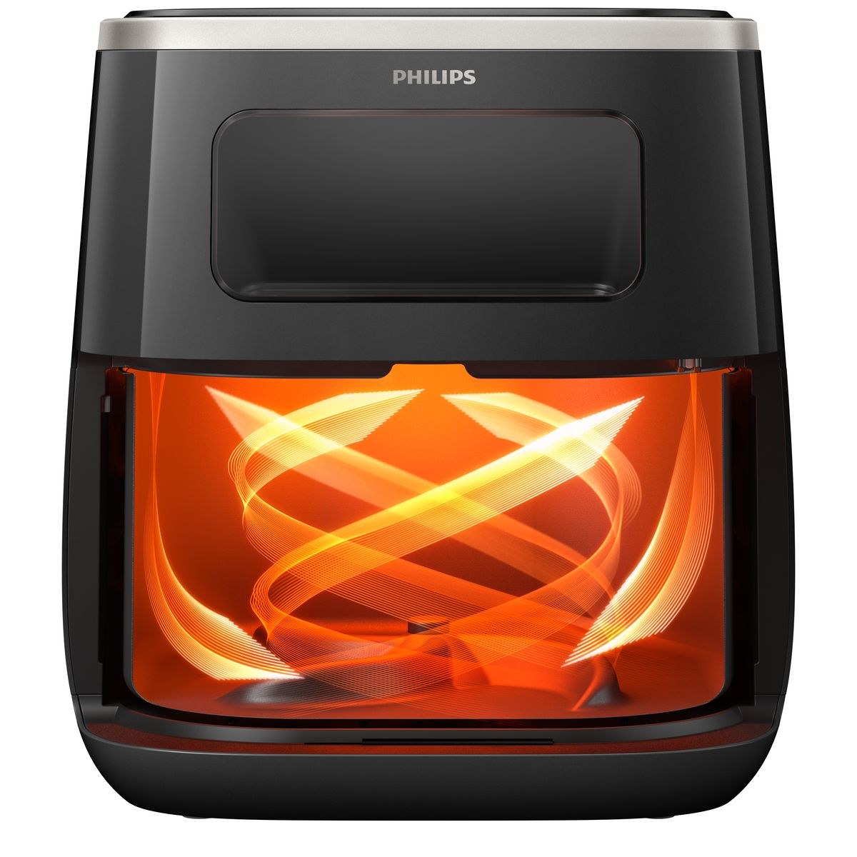 Ein Philips-Heißluftfritteuse. Schwarzer Körper mit silbernem Deckel. Das Innere leuchtet orange mit Hitzelinien. Das Philips-Logo ist sichtbar.