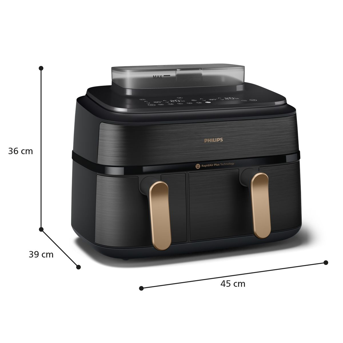 Frytownica beztłuszczowa Philips. Jest czarna ze złotymi uchwytami. Wymiary to 45cm x 39cm x 36cm. Na górze znajduje się przezroczysta pokrywa.